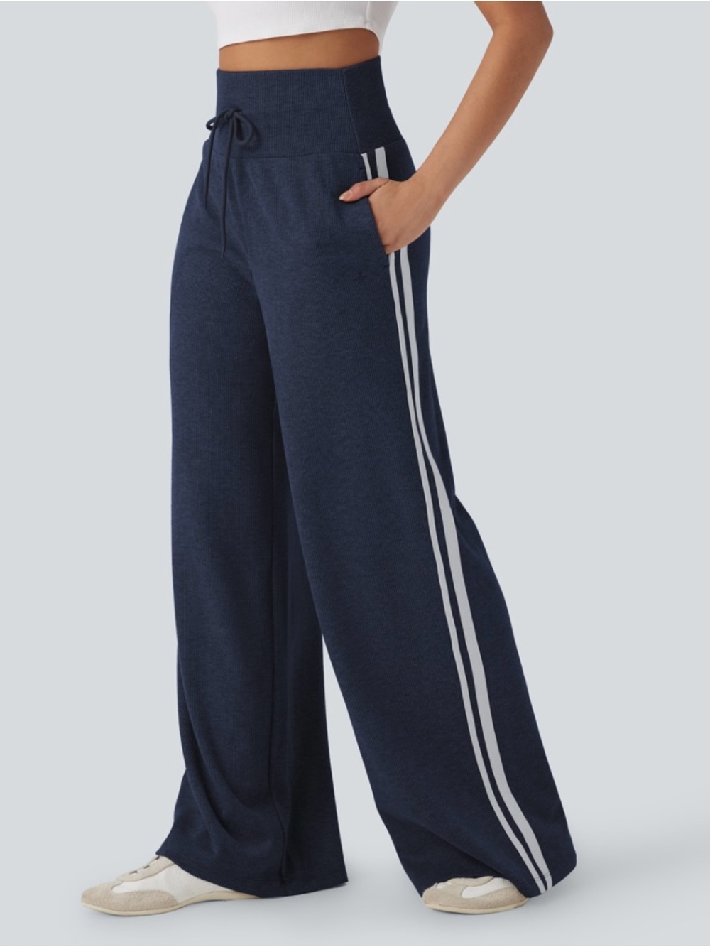Halara Tummy Control Navy Track Side Stripe Wide Leg Ribbed High Rise Sweatpants